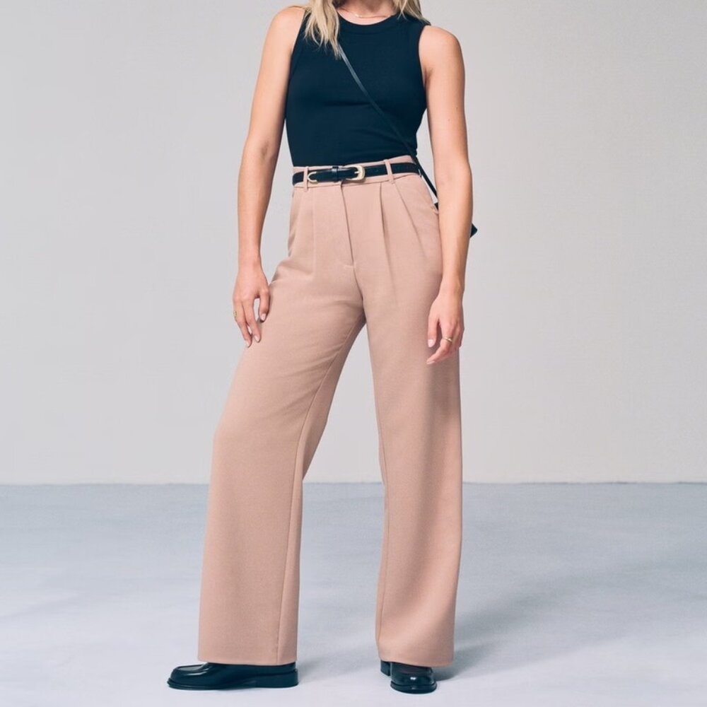 Abercrombie & Fitch High-Waist Wide-Leg Trousers in Beige